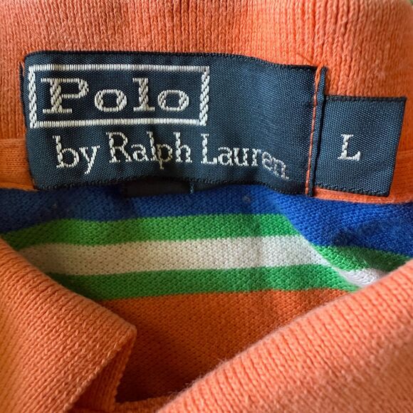 Polo Ralph Lauren Preppy Short Sleeve Striped Orange Pony Rugby Polo Shirt L - Picture 3 of 5